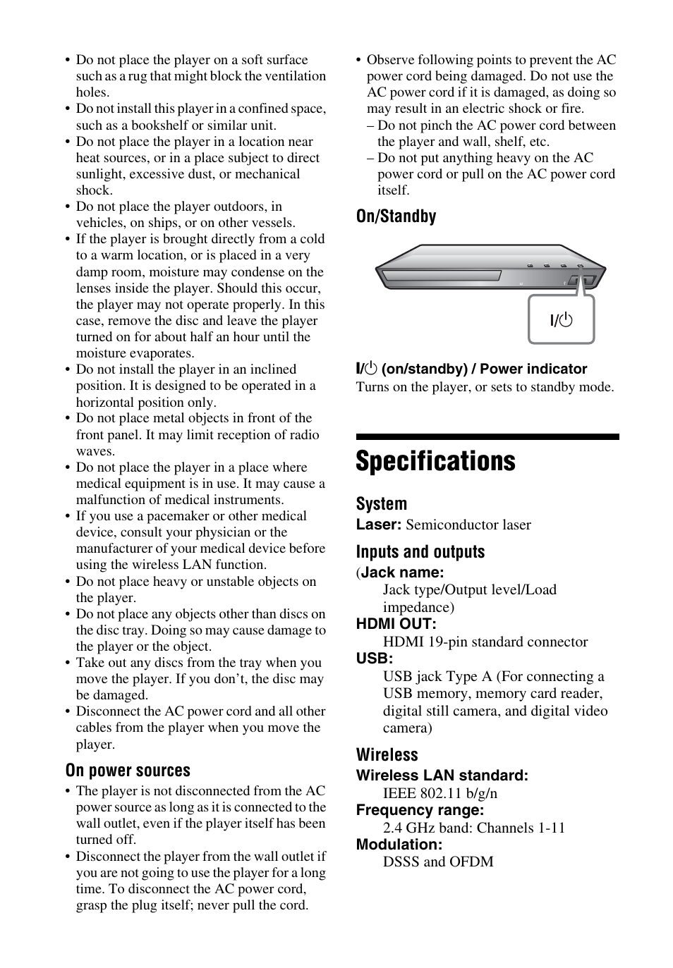 Specifications | Sony BDP-S2100 User Manual | Page 4 / 8