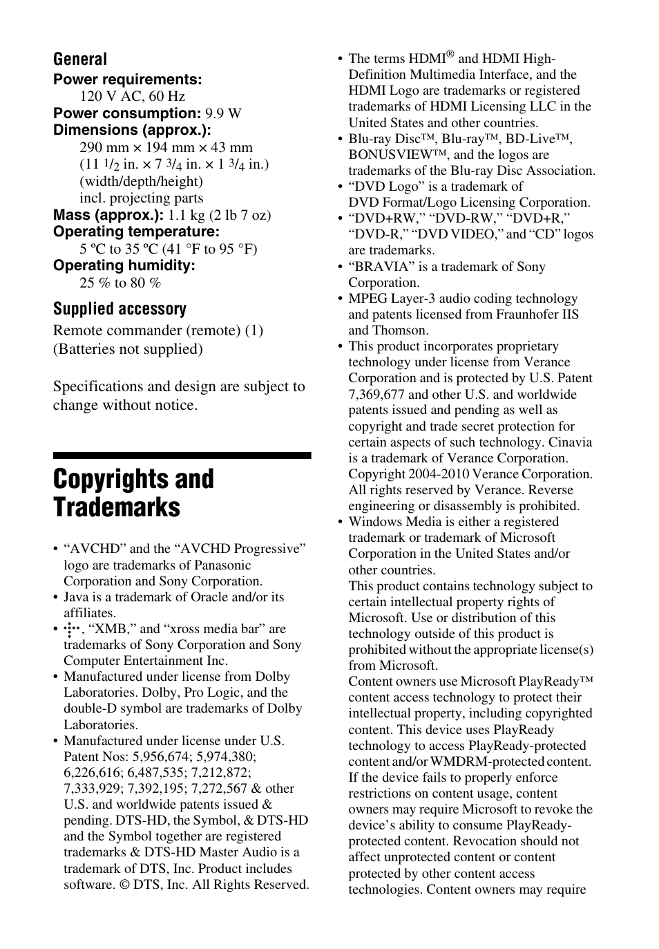 Copyrights and trademarks, General, Supplied accessory | Sony BDP-S2100 User Manual | Page 5 / 8
