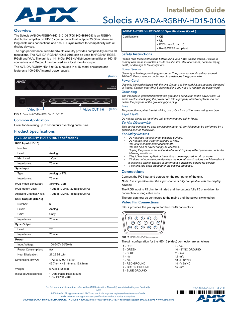 AMX Solecis AVB-DA-RGBHV-HD15-0106 User Manual | 1 page