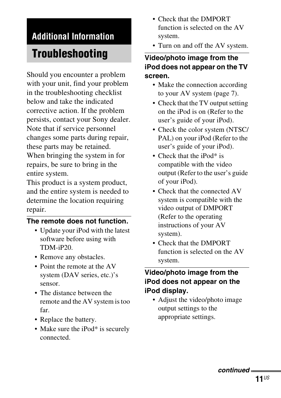 Additional information, Troubleshooting | Sony TDM-iP20 User Manual | Page 11 / 40