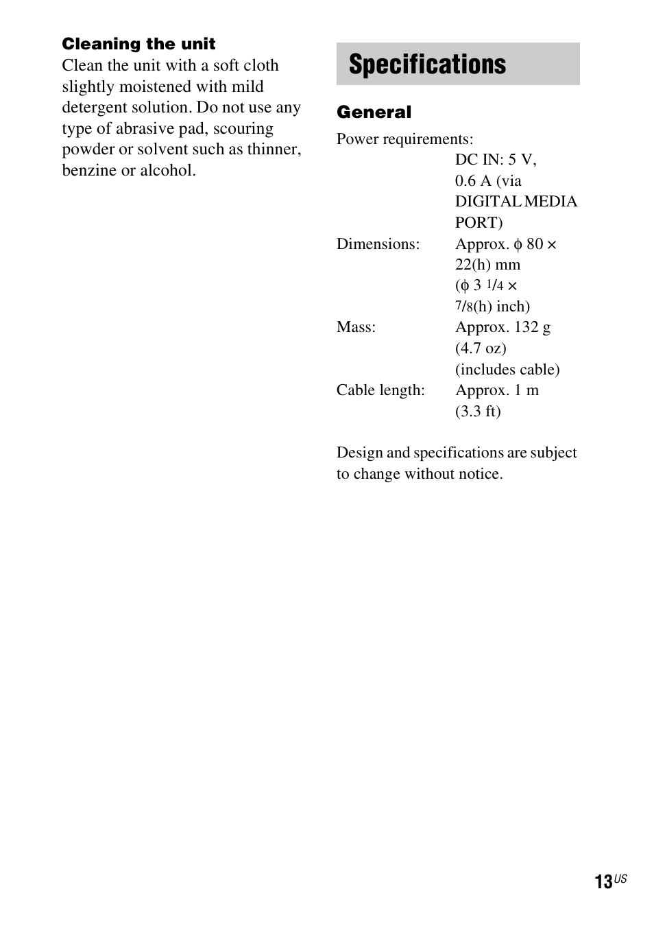 Specifications | Sony TDM-iP20 User Manual | Page 13 / 40