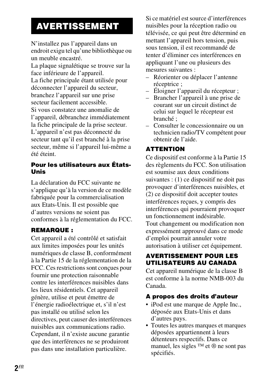 Avertissement | Sony TDM-iP20 User Manual | Page 14 / 40