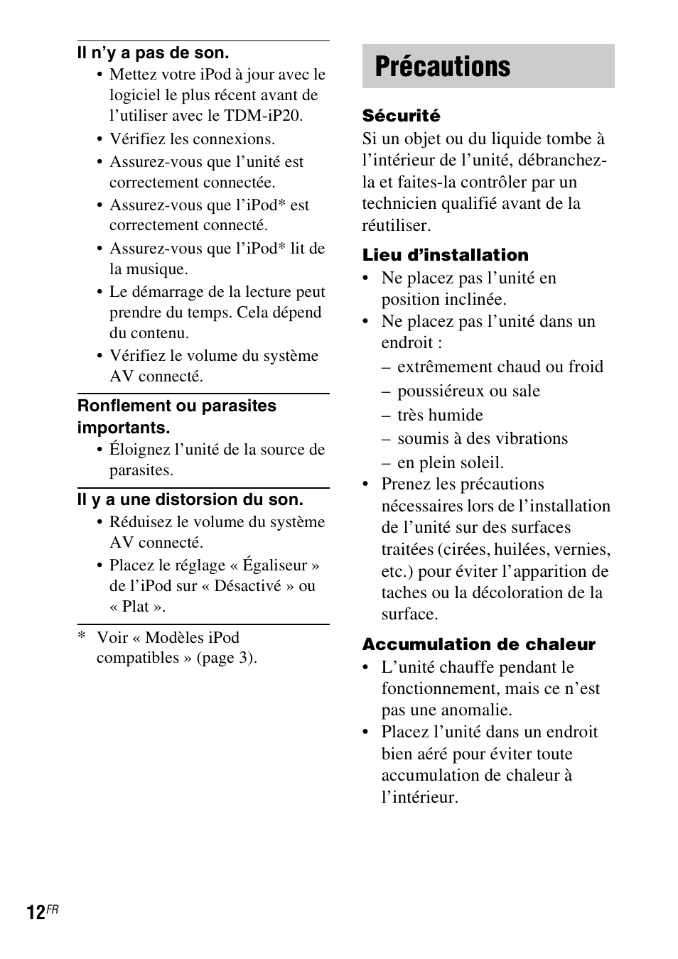 Précautions | Sony TDM-iP20 User Manual | Page 24 / 40