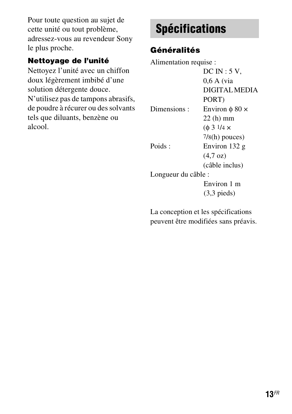 Spécifications | Sony TDM-iP20 User Manual | Page 25 / 40