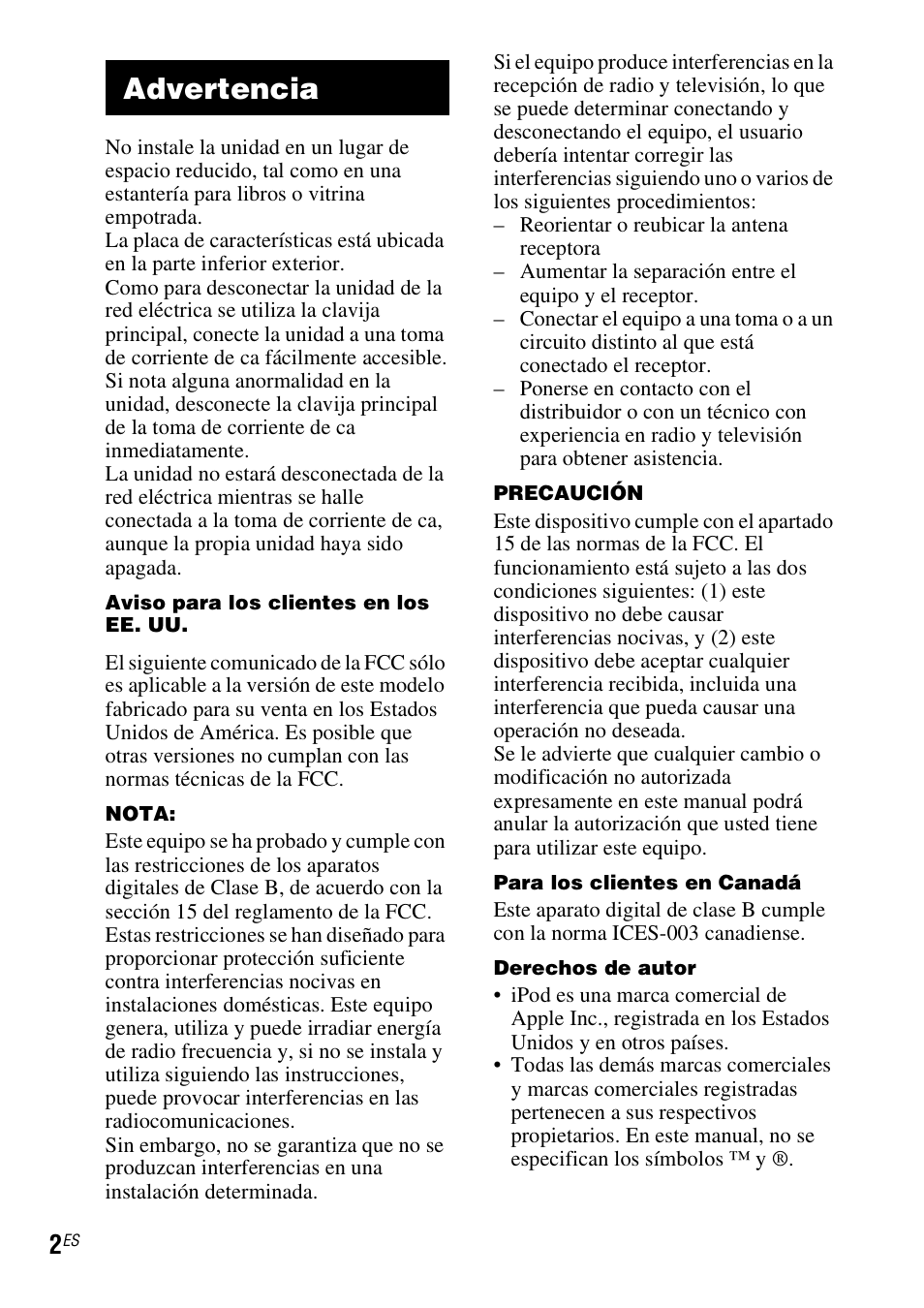 Advertencia | Sony TDM-iP20 User Manual | Page 26 / 40