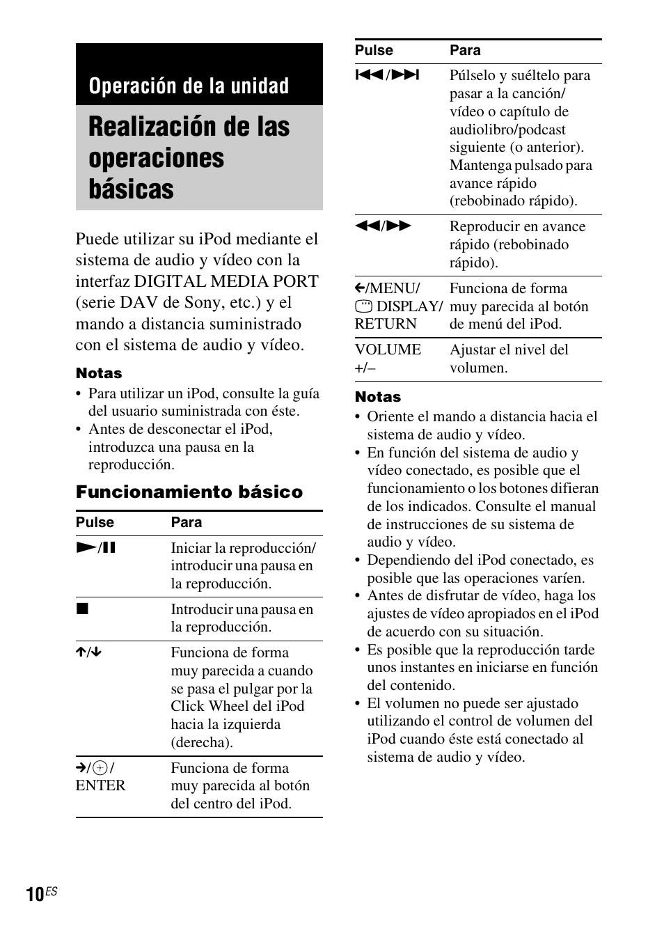 Operación de la unidad, Realización de las operaciones básicas, Realización de las operaciones | Básicas | Sony TDM-iP20 User Manual | Page 34 / 40