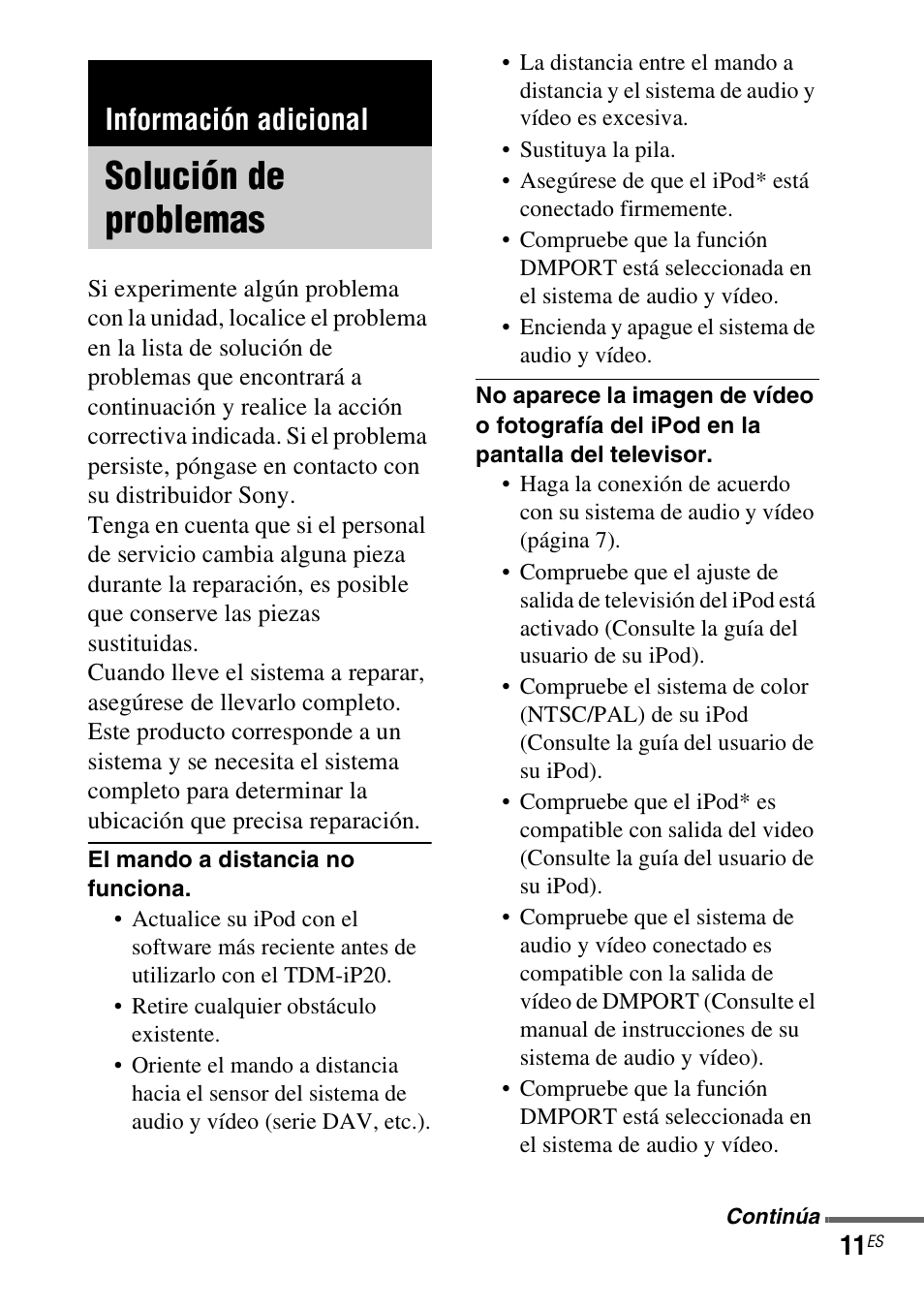 Información adicional, Solución de problemas | Sony TDM-iP20 User Manual | Page 35 / 40