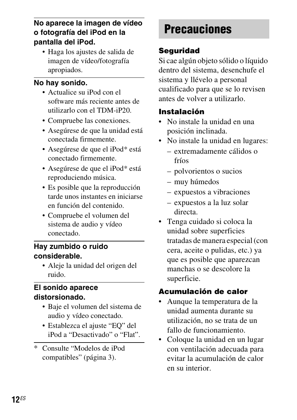 Precauciones | Sony TDM-iP20 User Manual | Page 36 / 40