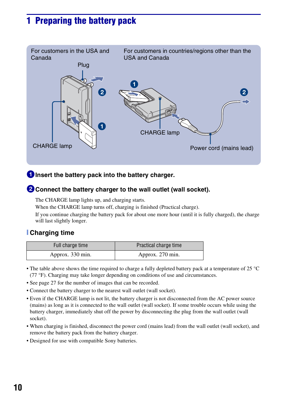 1 preparing the battery pack | Sony DSC-H3 User Manual | Page 10 / 68