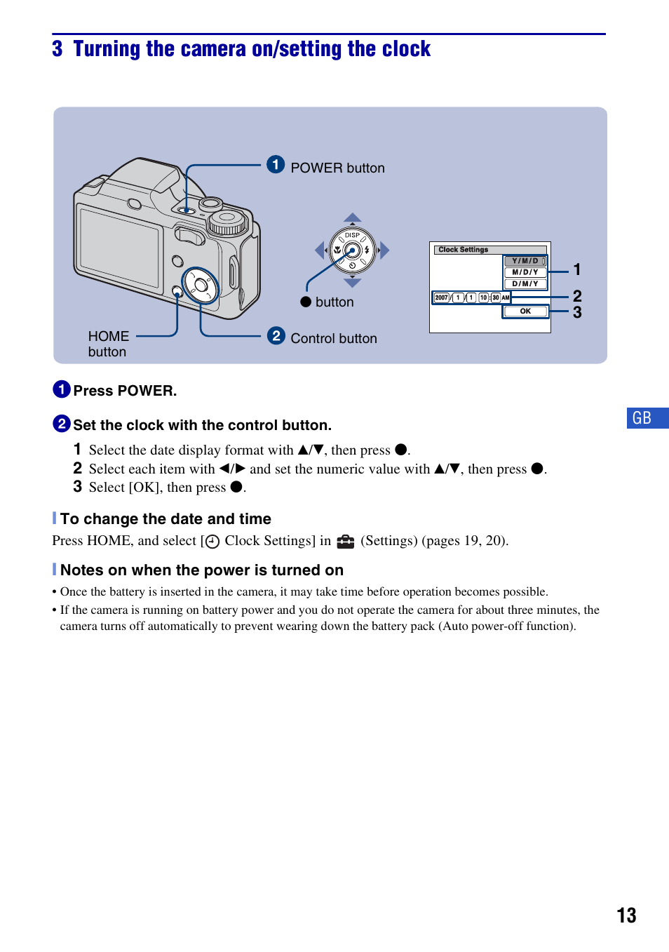 3 turning the camera on/setting the clock | Sony DSC-H3 User Manual | Page 13 / 68