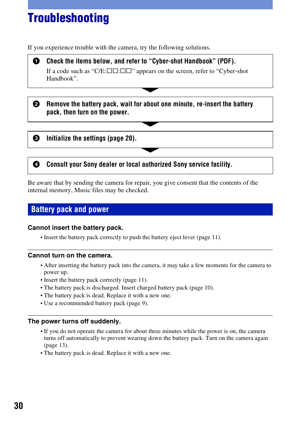 Troubleshooting, Battery pack and power | Sony DSC-H3 User Manual | Page 30 / 68