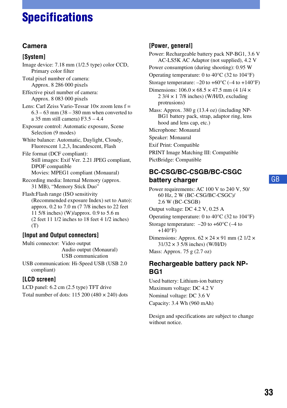 Specifications | Sony DSC-H3 User Manual | Page 33 / 68