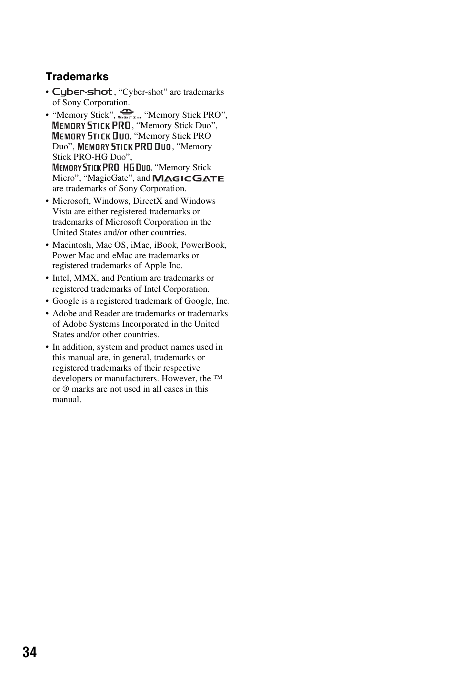 Trademarks | Sony DSC-H3 User Manual | Page 34 / 68
