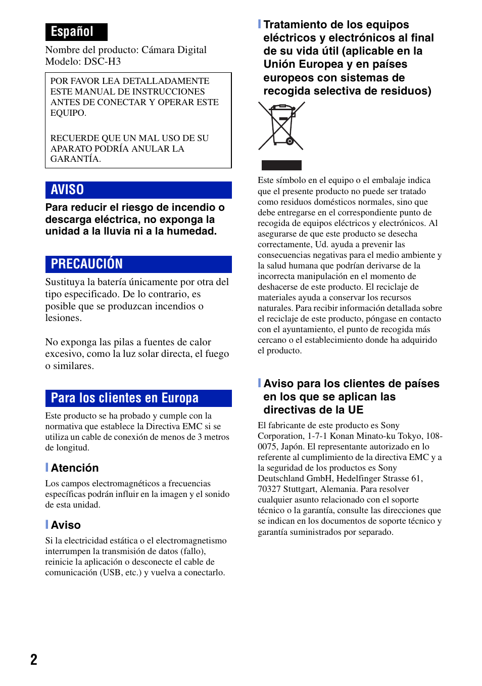Español, Aviso precaución para los clientes en europa | Sony DSC-H3 User Manual | Page 36 / 68