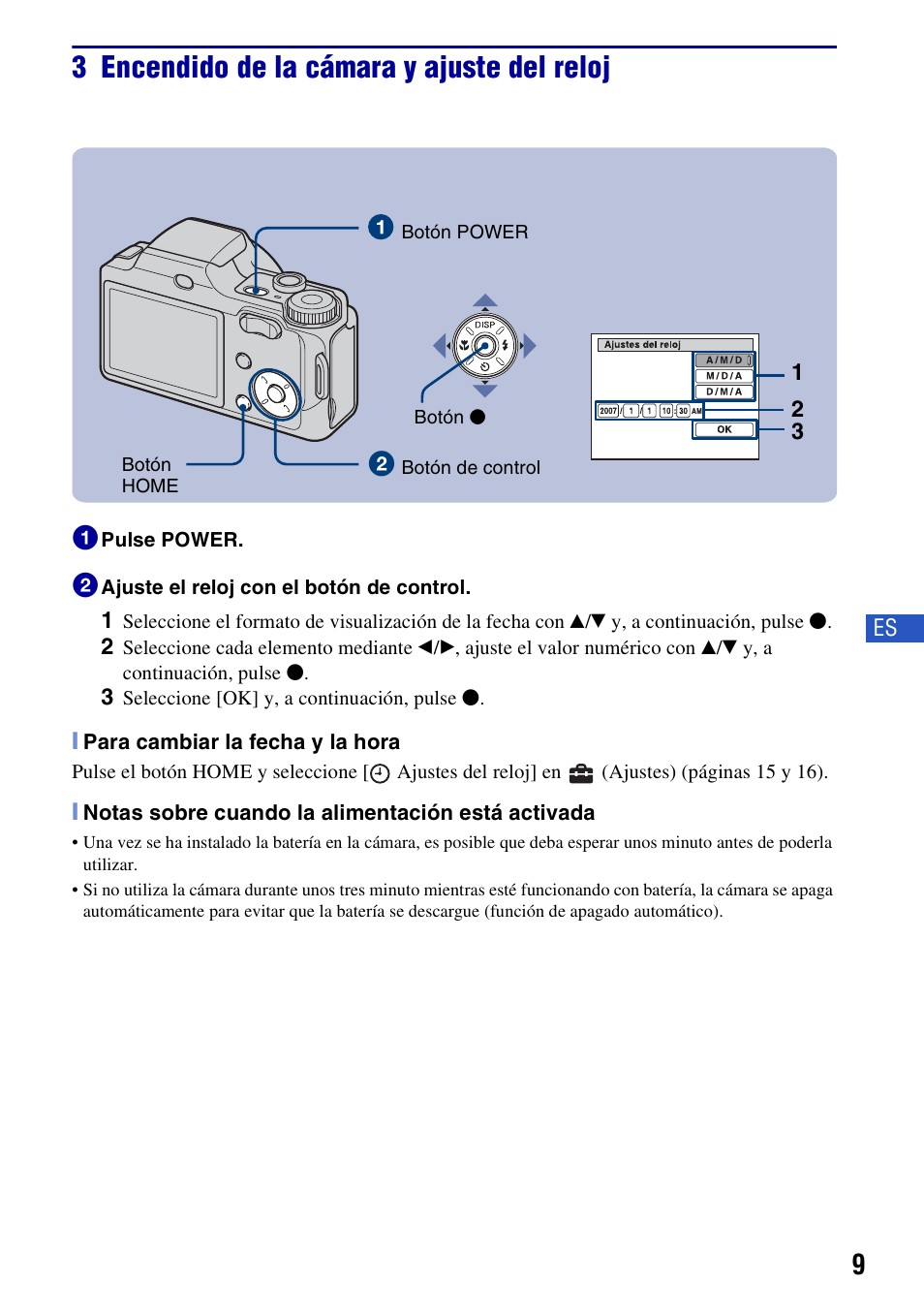 3 encendido de la cámara y ajuste del reloj | Sony DSC-H3 User Manual | Page 43 / 68