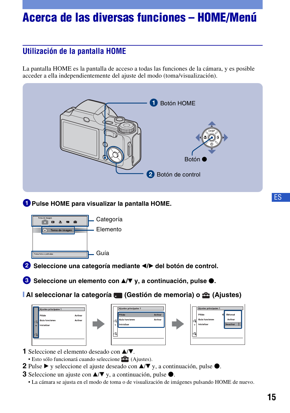 Acerca de las diversas funciones - home/menú, Utilización de la pantalla home, Acerca de las diversas funciones – home/menú | Sony DSC-H3 User Manual | Page 49 / 68