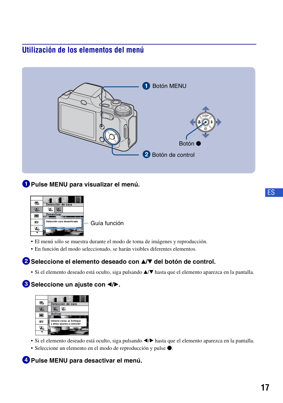 Utilización de los elementos del menú, Utilización de los elementos del menú 1 | Sony DSC-H3 User Manual | Page 51 / 68