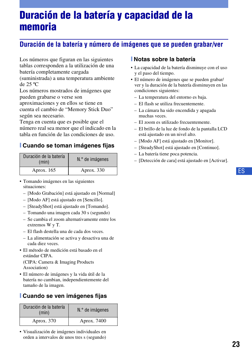 Duración de la batería y capacidad de la memoria | Sony DSC-H3 User Manual | Page 57 / 68