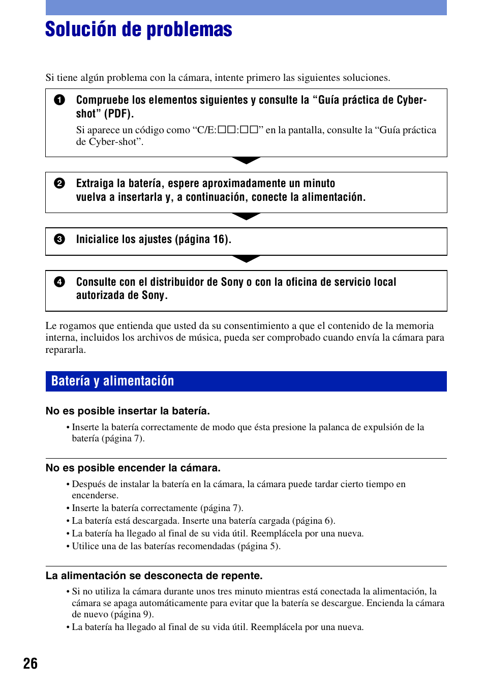 Solución de problemas, Batería y alimentación | Sony DSC-H3 User Manual | Page 60 / 68