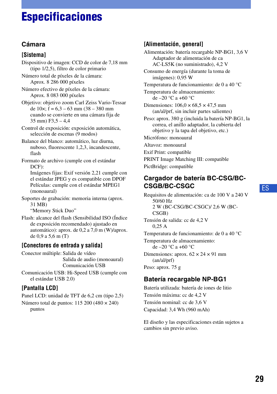 Especificaciones | Sony DSC-H3 User Manual | Page 63 / 68