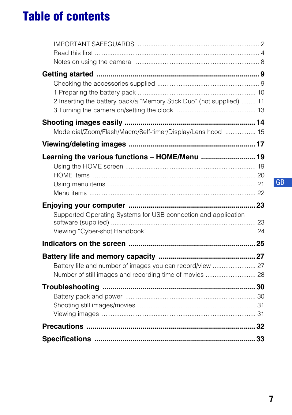 Sony DSC-H3 User Manual | Page 7 / 68