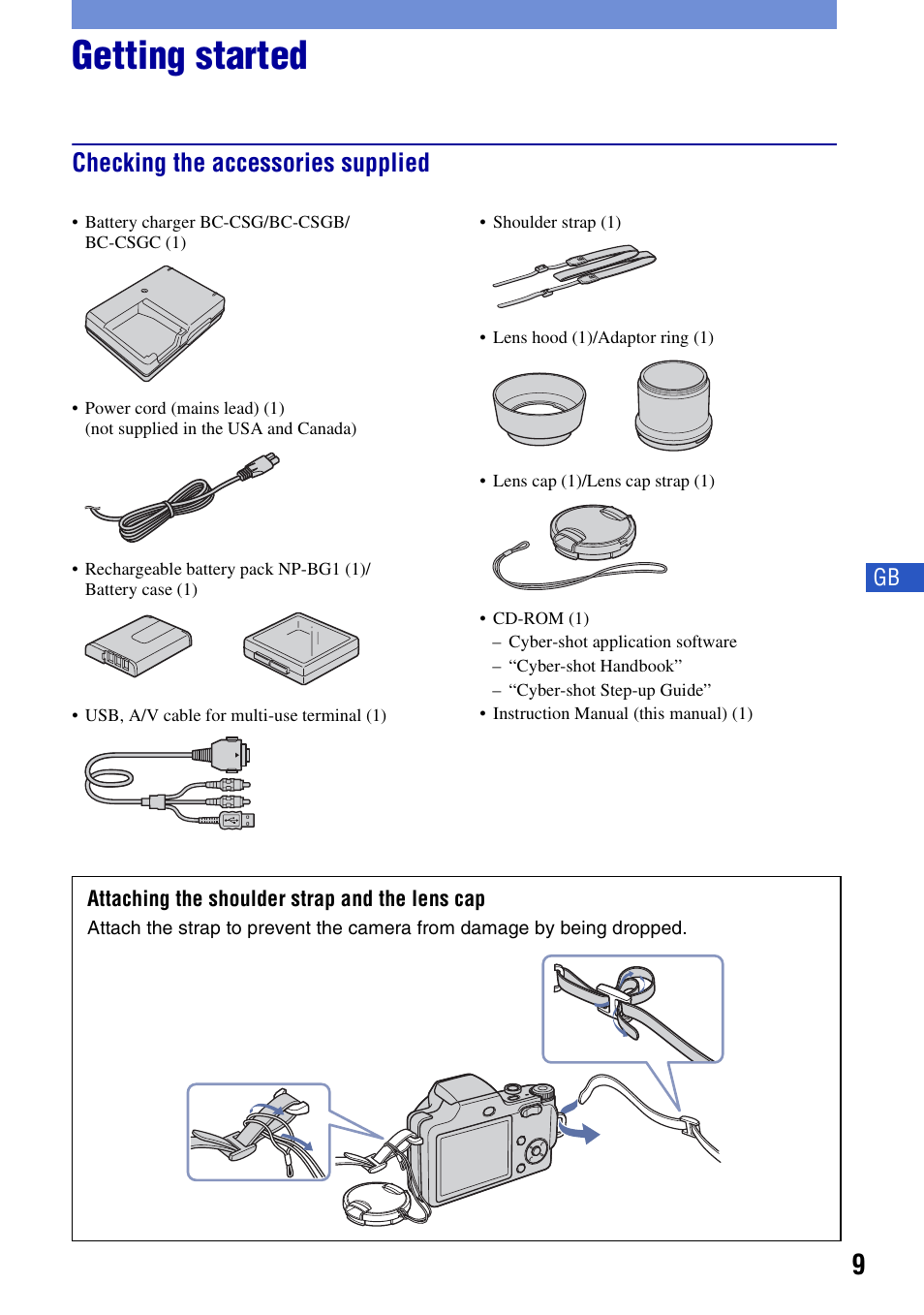 Getting started, Checking the accessories supplied | Sony DSC-H3 User Manual | Page 9 / 68