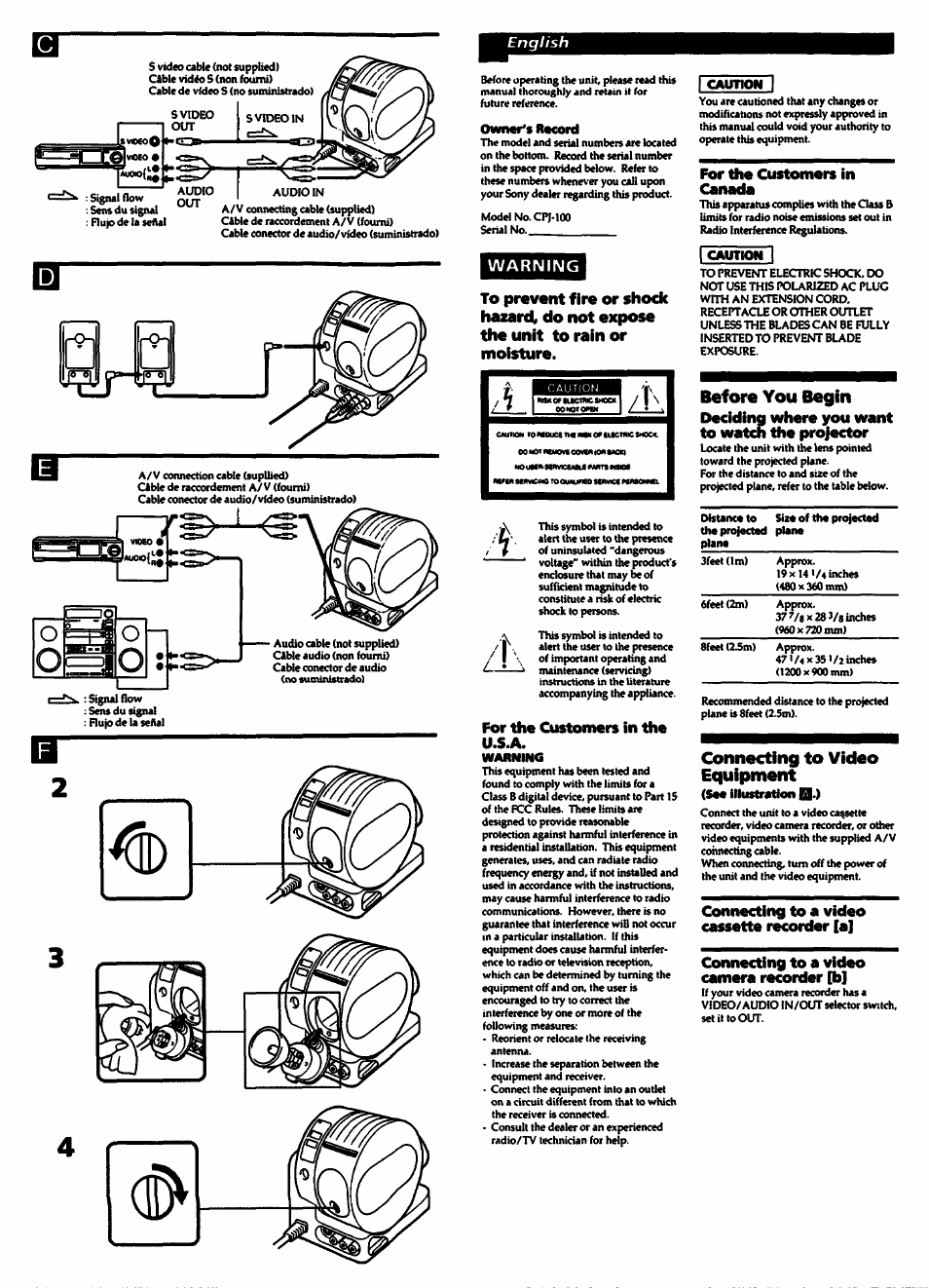 Warning, Before you begin, Connecting to video equipment | Sony CPJ-100 User Manual | Page 2 / 8