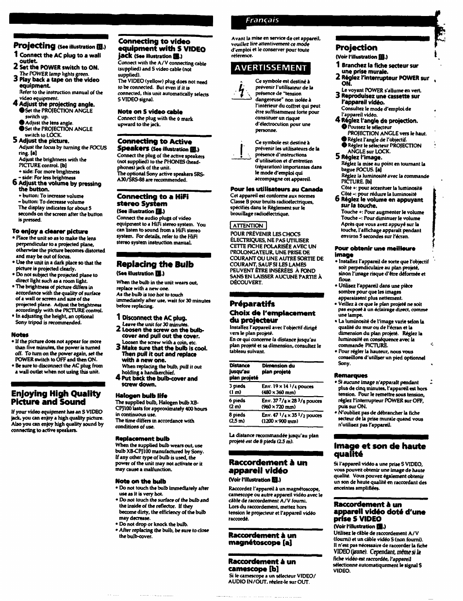 Avertissement, Enjoying high quality pictur« and sound, Replacing the bulb | Préparati'fs, Raccordement à un appareil vidéo, Projection, Image et son de haute quauté | Sony CPJ-100 User Manual | Page 3 / 8