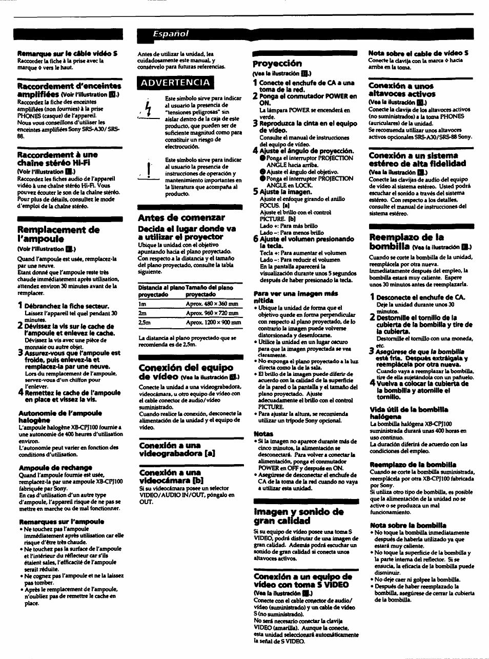 Advertencia, Remplacement de l'ampoule, Antes de comensar | Conexión del equipo de vídeo, Proyección, Imagen y sonido de gran calidad | Sony CPJ-100 User Manual | Page 4 / 8