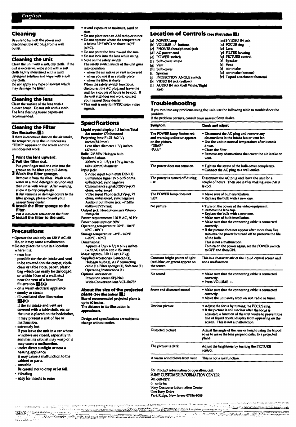 Cleaning, Precautions, Specifications | Location of controls, Troubleshooting | Sony CPJ-100 User Manual | Page 6 / 8