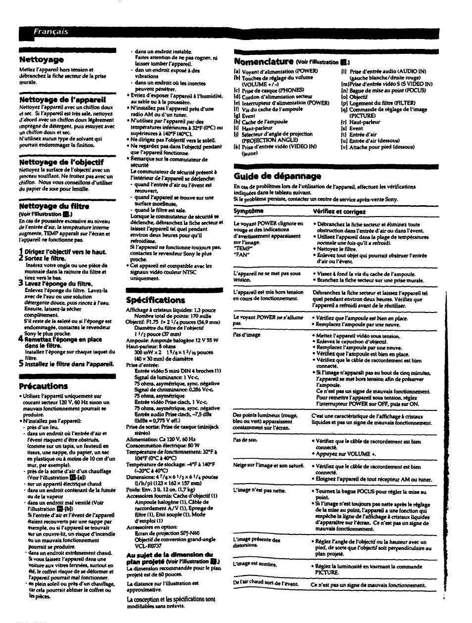 Précautions, Spécifications, Français | Sony CPJ-100 User Manual | Page 7 / 8