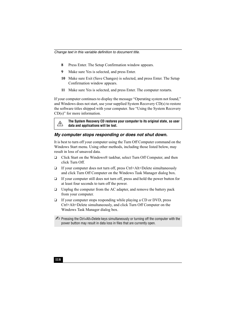 My computer stops responding or does not shut down | Sony PCG-VX88 User Manual | Page 118 / 149