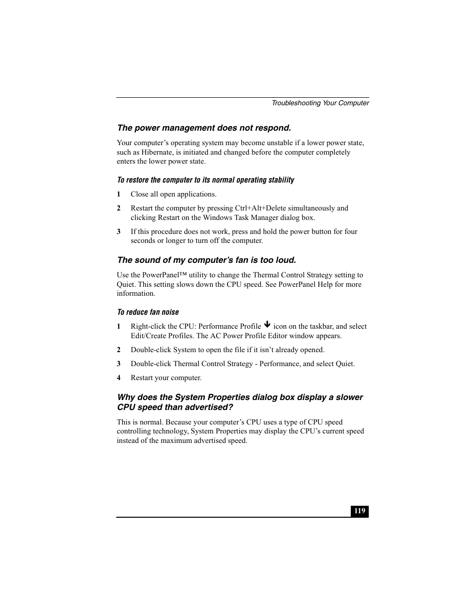 H3 - the power management does not respond, H3 - the sound of my computer’s fan is too loud | Sony PCG-VX88 User Manual | Page 119 / 149