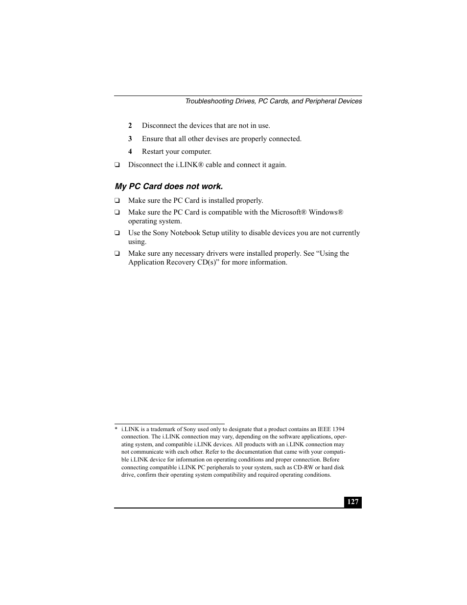 H3 - my pc card does not work, My pc card does not work | Sony PCG-VX88 User Manual | Page 127 / 149