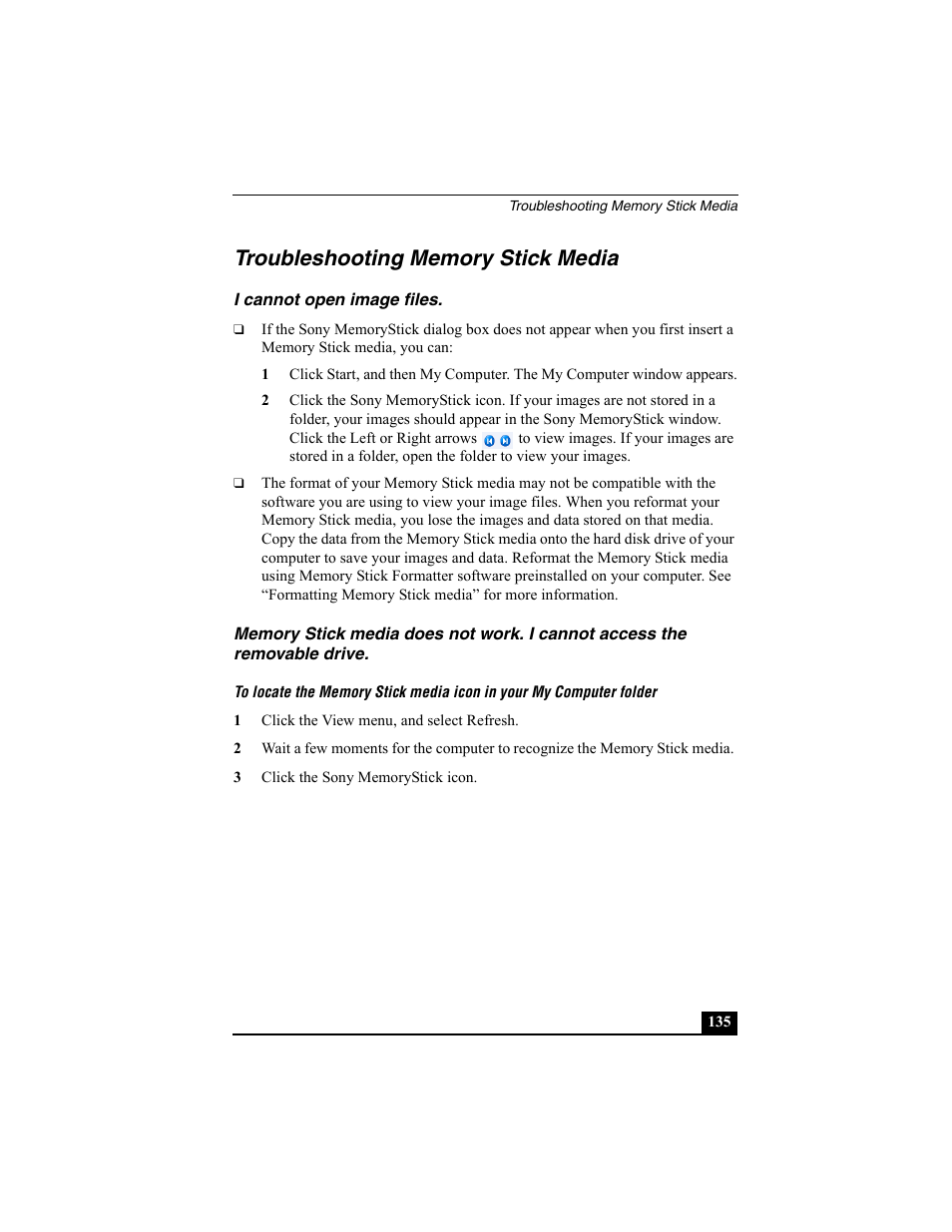 H2 - troubleshooting memory stick media, H3 - i cannot open image files, Troubleshooting memory stick media | Sony PCG-VX88 User Manual | Page 135 / 149