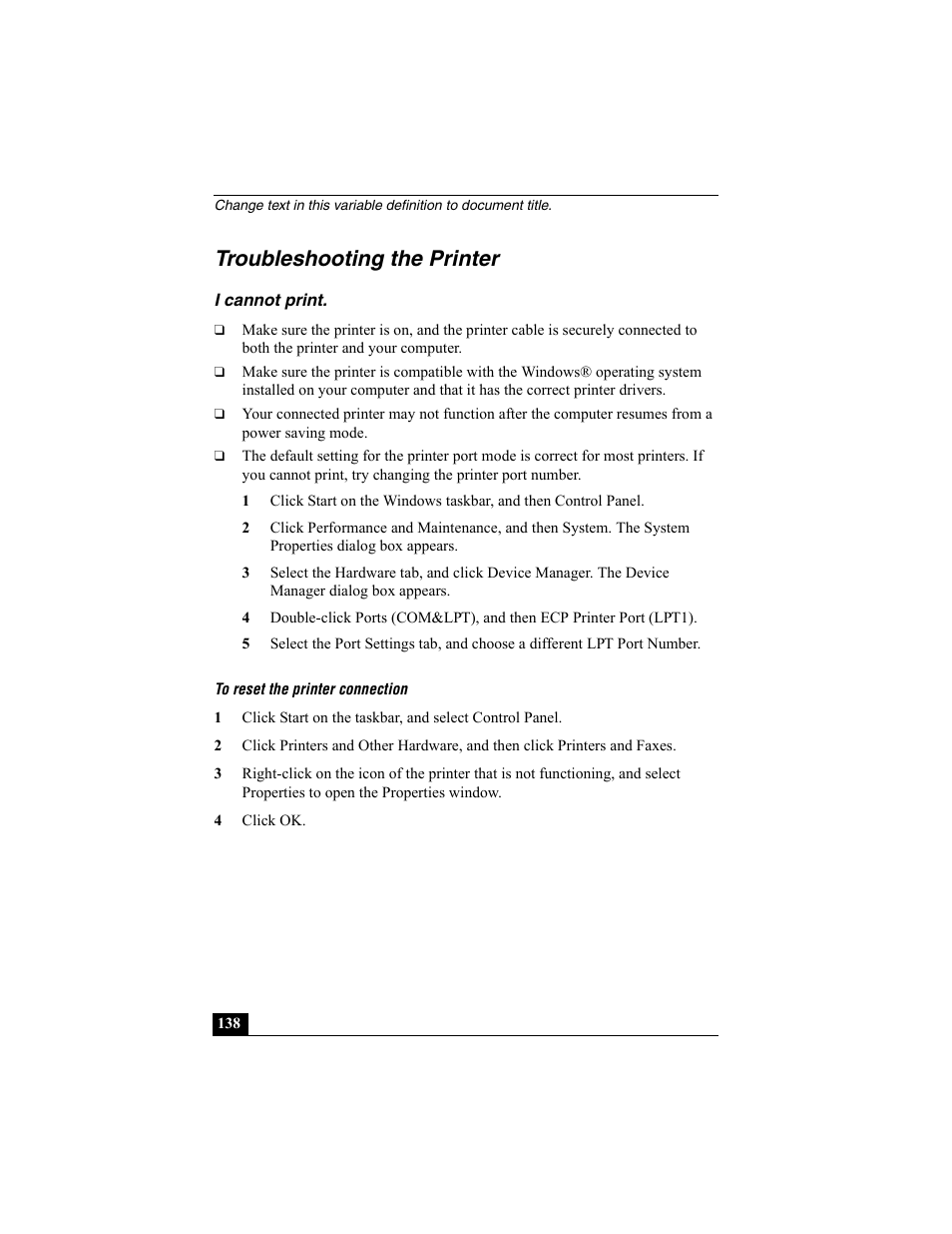 H2 - troubleshooting the printer, H3 - i cannot print, Troubleshooting the printer | I cannot print | Sony PCG-VX88 User Manual | Page 138 / 149