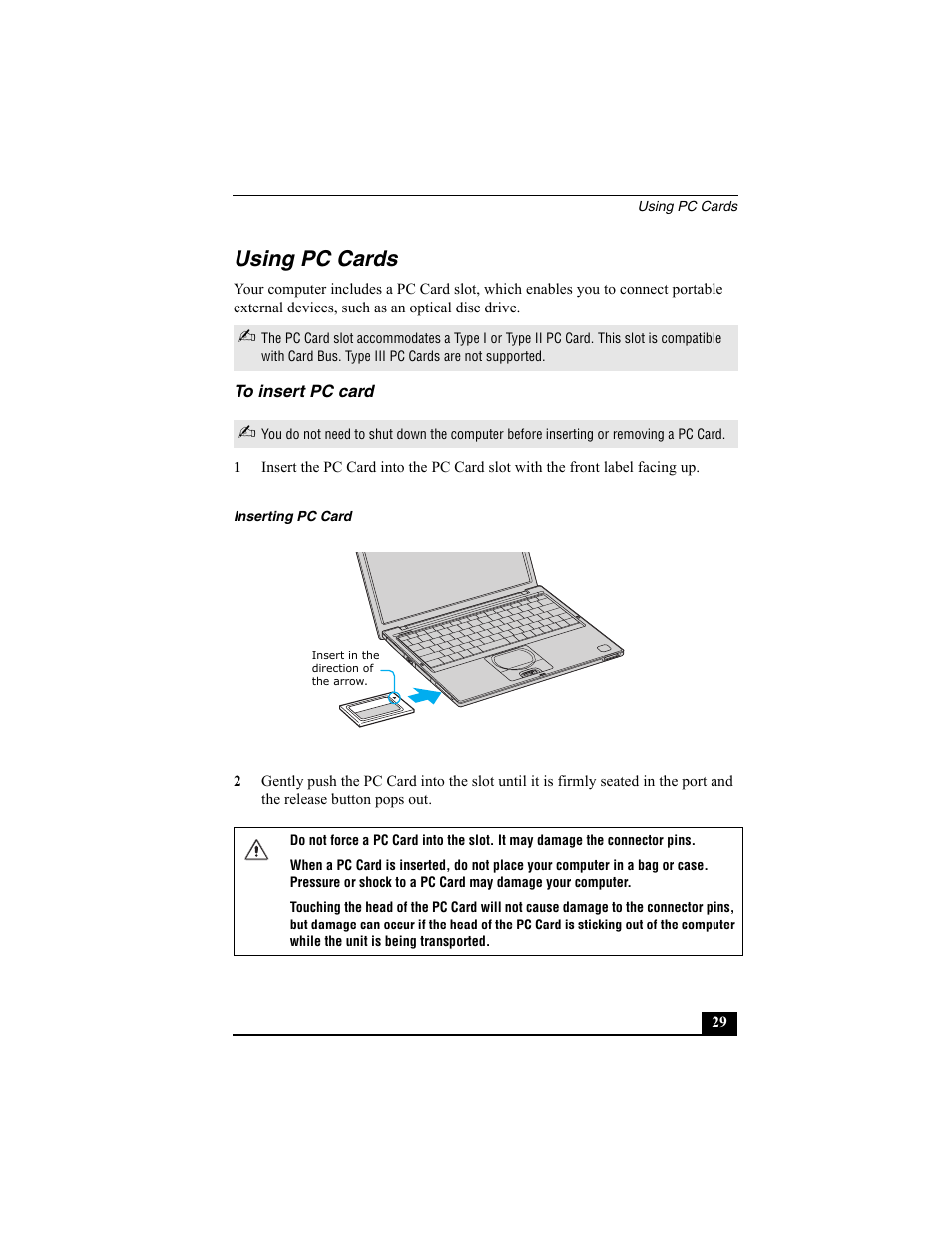 H2 - using pc cards, H3 - to insert pc card, Using pc cards | To insert pc card | Sony PCG-VX88 User Manual | Page 29 / 149