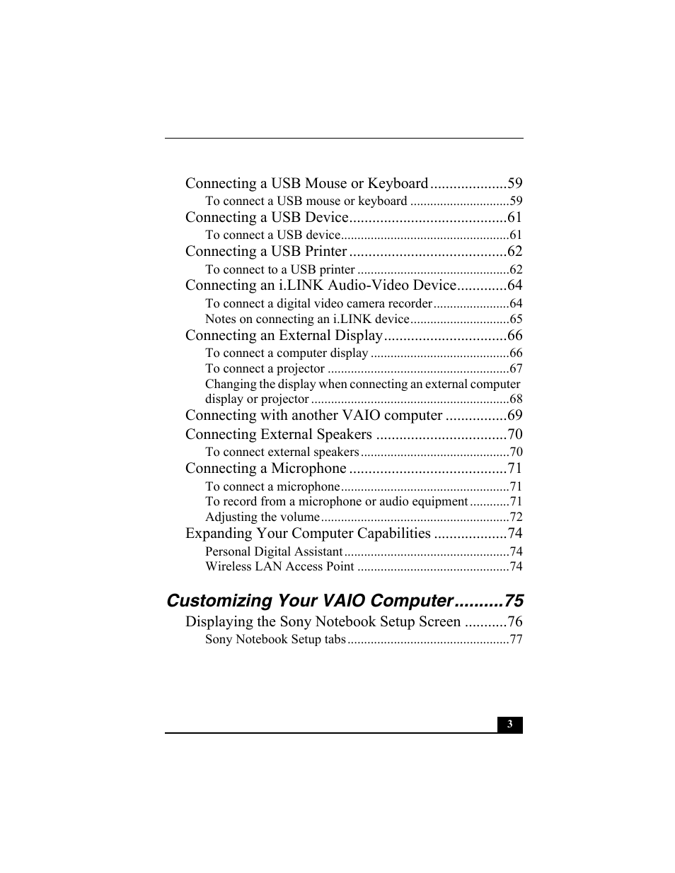 Customizing your vaio computer | Sony PCG-VX88 User Manual | Page 3 / 149