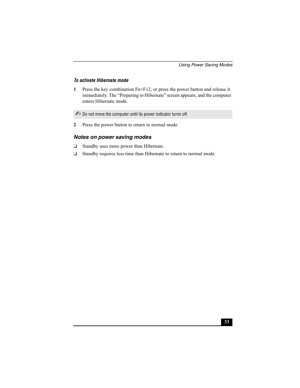 H3 - notes on power saving modes, Notes on power saving modes | Sony PCG-VX88 User Manual | Page 33 / 149