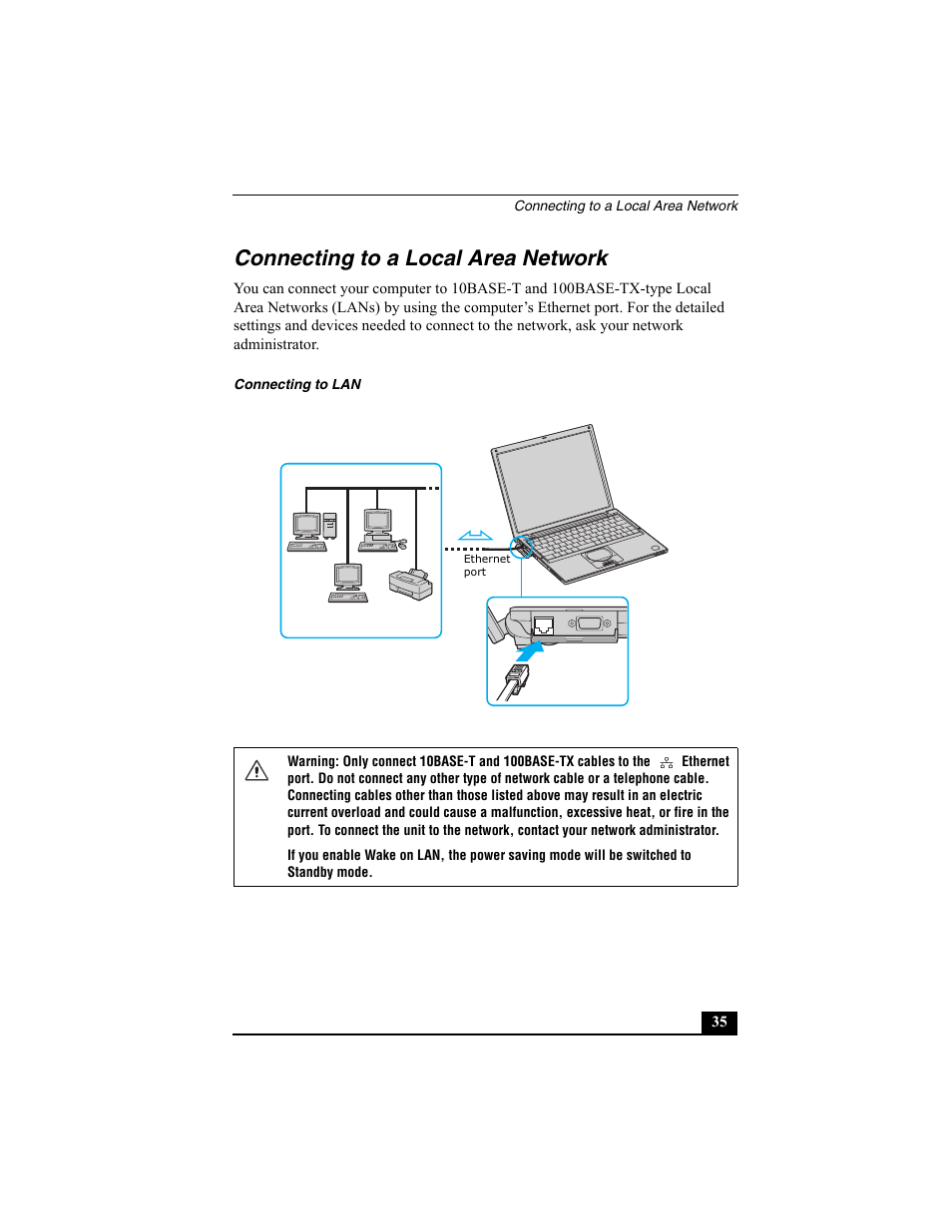 H2 - connecting to a local area network, Connecting to a local area network | Sony PCG-VX88 User Manual | Page 35 / 149