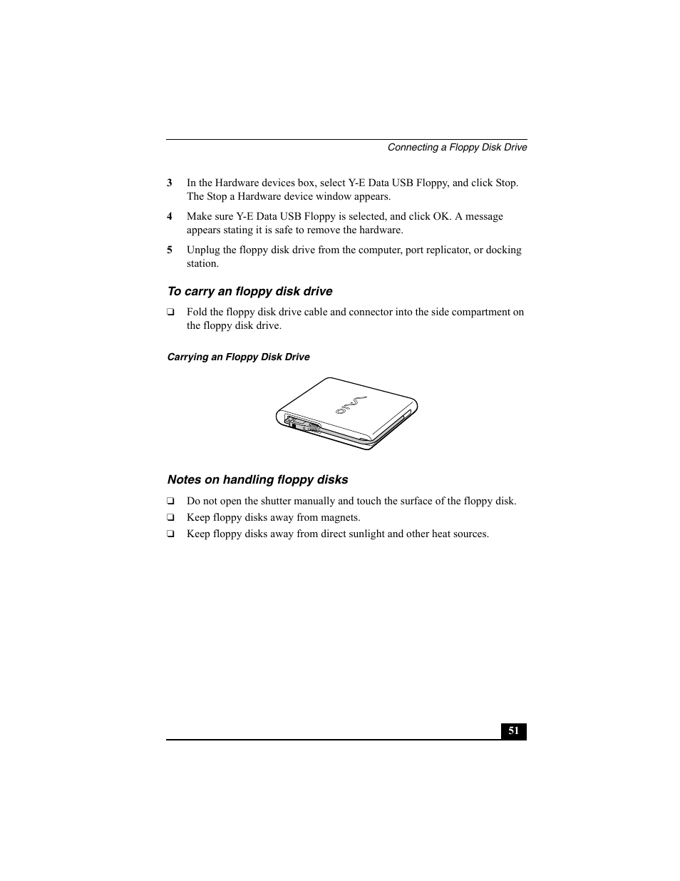 H3 - to carry an floppy disk drive, H3 - notes on handling floppy disks | Sony PCG-VX88 User Manual | Page 51 / 149