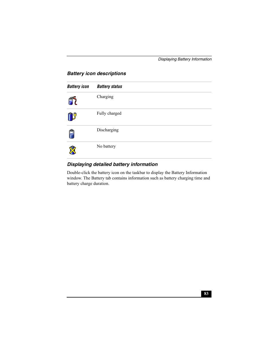 H3 - battery icon descriptions, H3 - displaying detailed battery information | Sony PCG-VX88 User Manual | Page 83 / 149