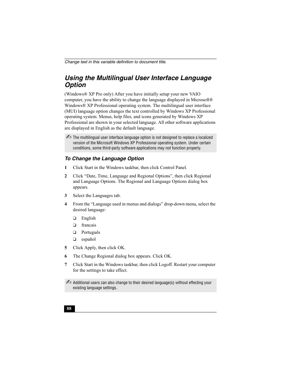 H3 - to change the language option, To change the language option | Sony PCG-VX88 User Manual | Page 88 / 149