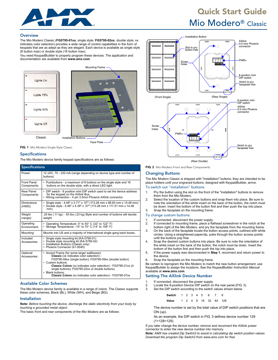 AMX Mio Modero Classic User Manual | 2 pages