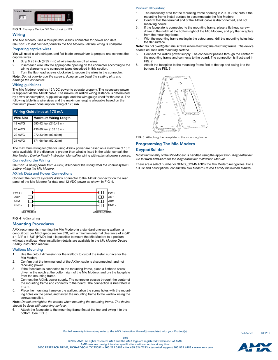 Wiring, Preparing captive wires, Wiring guidelines | Connecting the wiring, Axlink data and power connections, Mounting procedures, Wallbox mounting, Podium mounting, Programming the mio modero, Keypadbuilder | AMX Mio Modero Classic User Manual | Page 2 / 2