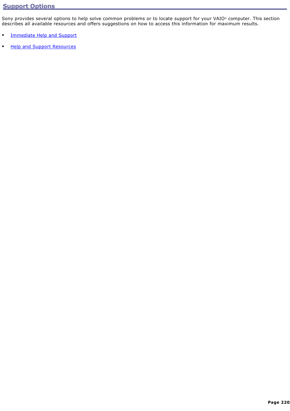 Support options | Sony PCV-RZ30C User Manual | Page 220 / 223