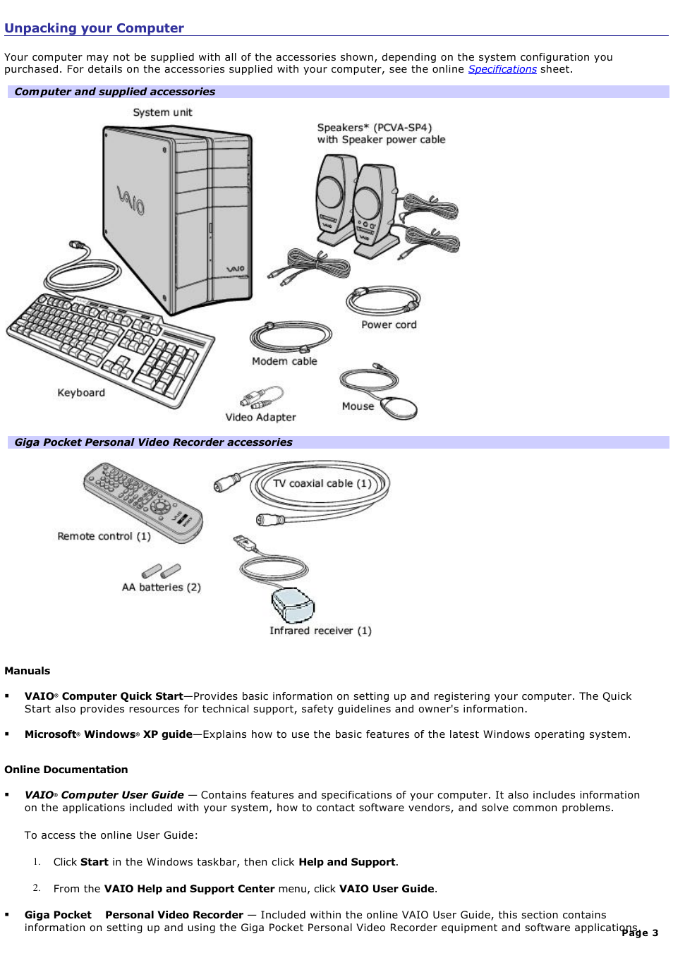 Unpacking your computer | Sony PCV-RZ30C User Manual | Page 3 / 223