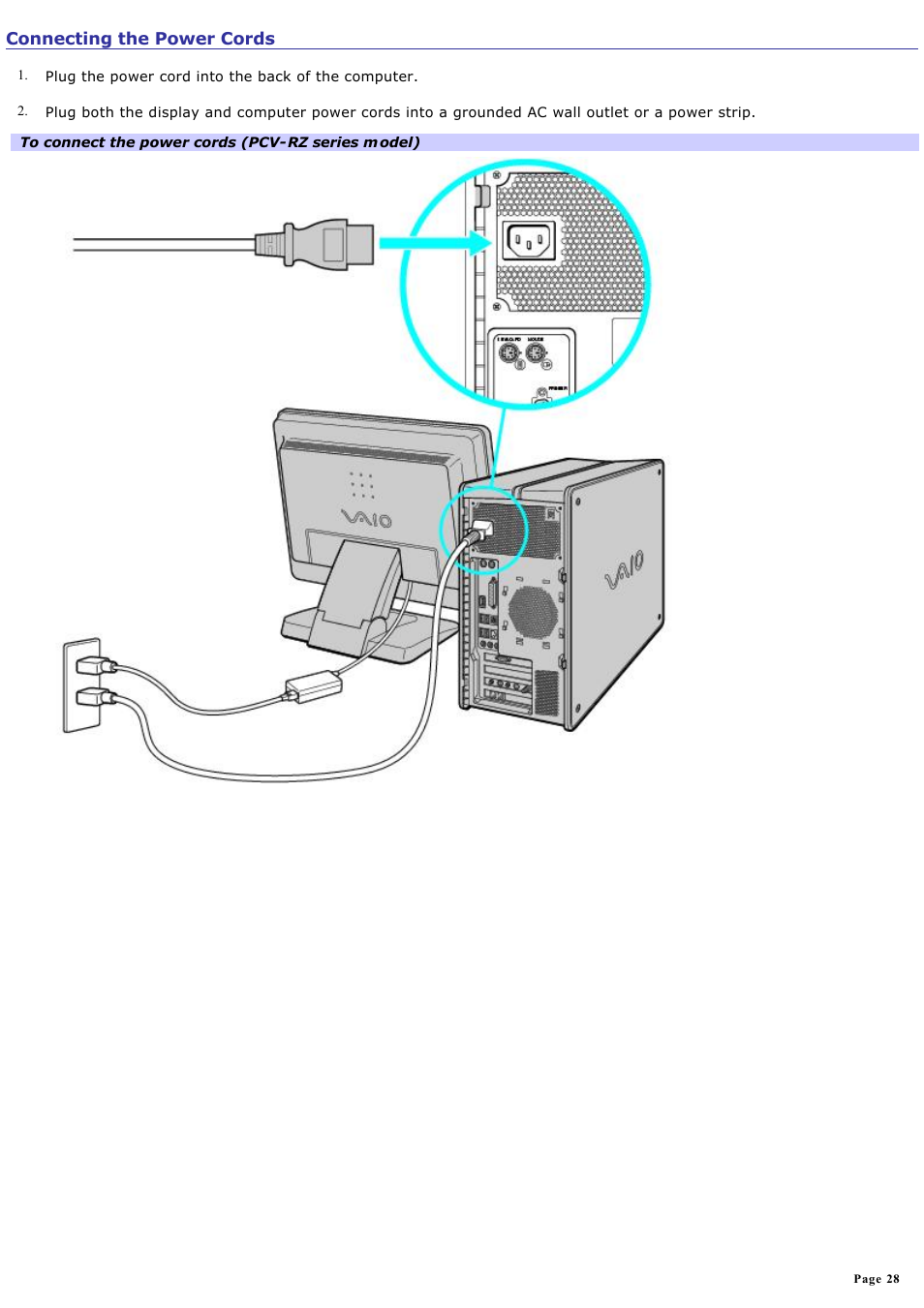 Connecting the power cords | Sony PCV-RZ22G User Manual | Page 28 / 87