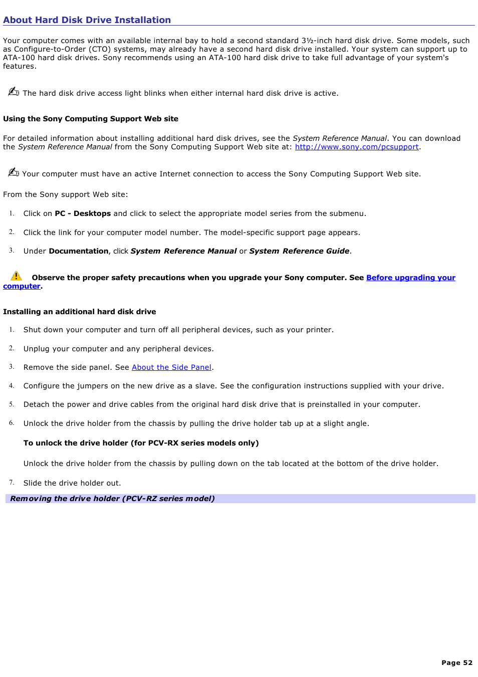 About hard disk drive installation | Sony PCV-RZ22G User Manual | Page 52 / 87