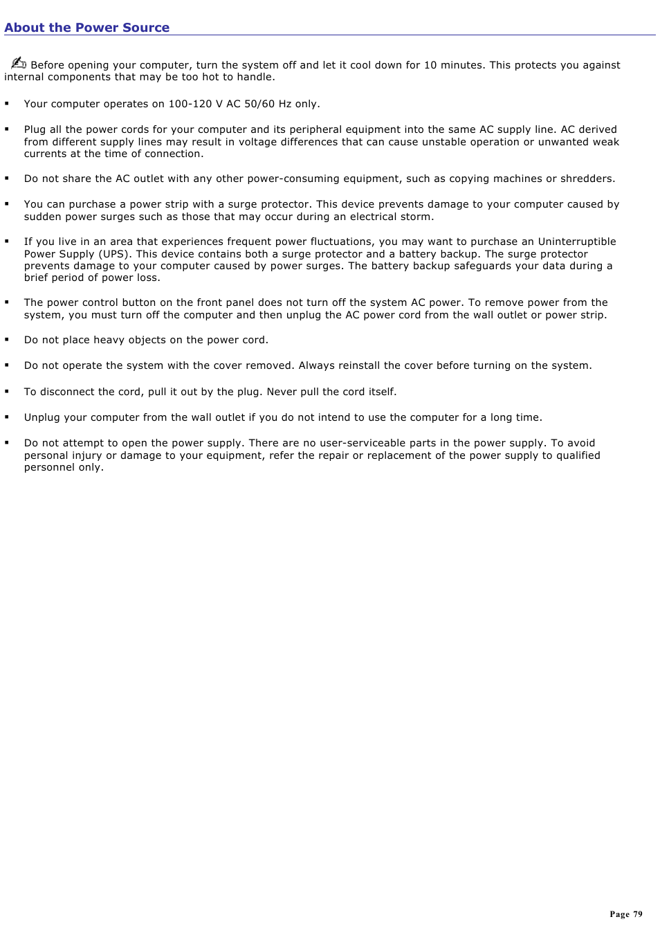 About the power source | Sony PCV-RZ22G User Manual | Page 79 / 87